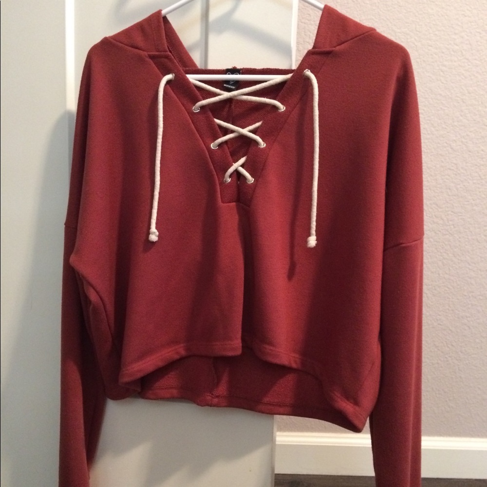 Red/Burgundy Cropped Hoodie, laced up